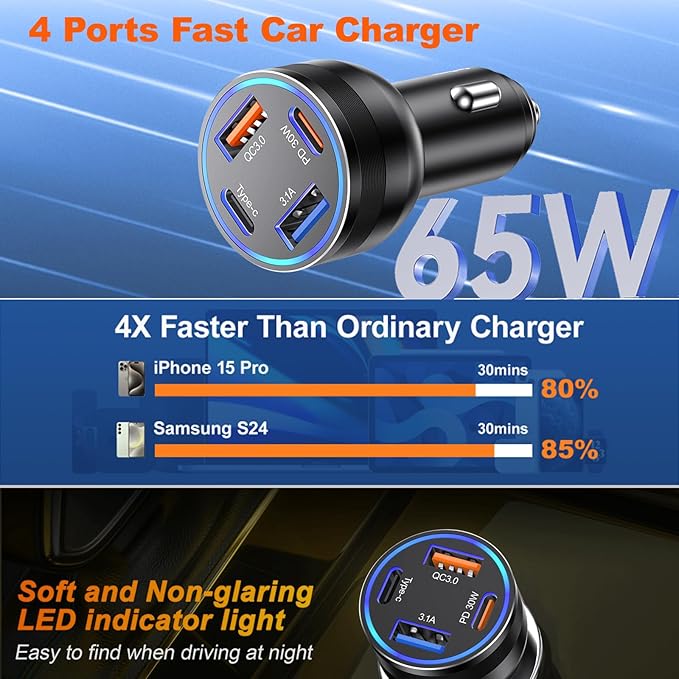 Car Charger USB C Fast Charging, 65W 4-Port Fast Car Phone Charger Accessories Dual USB-C & USB-A Cargador Carro Cigarette Lighter Adapter for iPhone 17 16 15 14 13 Pro Max,iPad,Samsung,Tablet,Android