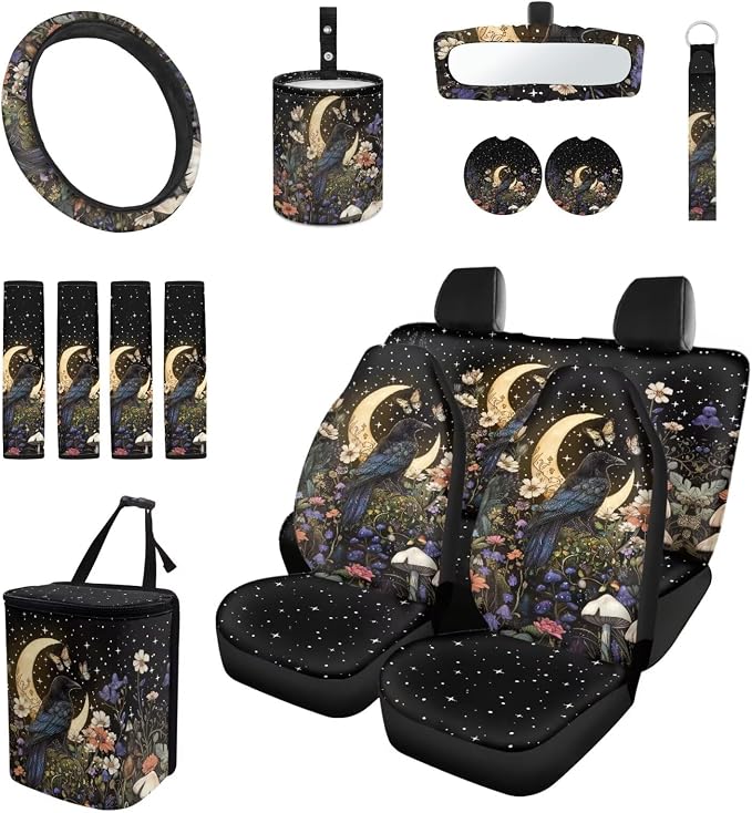 Moon Crow Seat Covers for Cars Full Set Universal Seat Covers Front and Back with Steering Wheel Cover Seatbelt Covers Car Coasters Trash Can Rearview Mirror Cover Keychain
