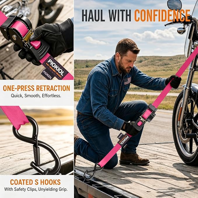 Retractable Ratchet Straps (4-Pack) - 1 Inch x 10 Feet (1,764lb Break Strength) - Heavy Duty Auto Self Retracting Tie Down Straps for Truck, Cargo Trailer, Motorcycle, ATV, UTV – Pink