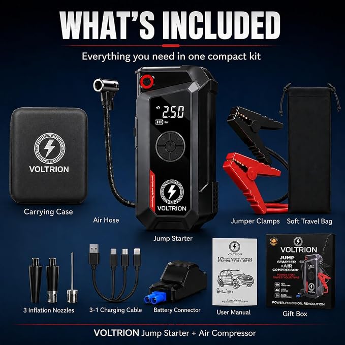 Jump Starter with Air Compressor, 1500A Car Battery Booster for 12V Gas and Diesel, Cars to Semi-Trucks, 150 PSI Digital Tire Inflator, 12000mAh Power Bank, LED Light, Portable Jump Box