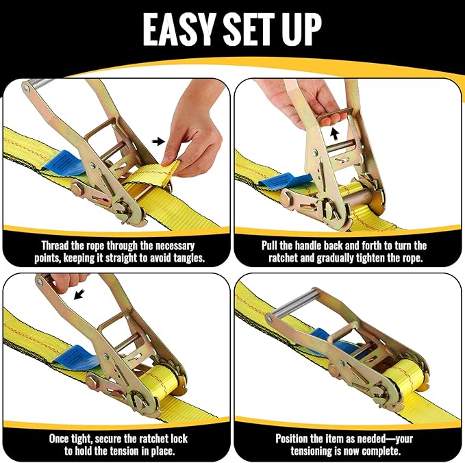 TLGREEN 4 Pack Car Tie Down Straps for Trailers - 2" x 10' -10,000LBS Break Strength Heavy Duty Ratchet Straps with Flat Hooks, for Hauling Truck, SUV, UTV, Motorcycle (Includes Storage Bag) Yellow
