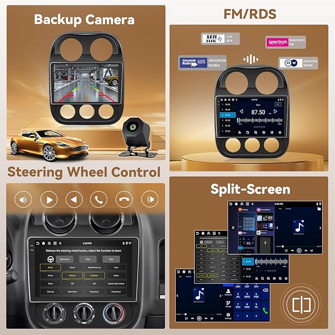 [4+64G] for Jeep Compass Patriot 2010-2016 Android 15 Car Stereo, Hikity 10'' in-Cell Touchscreen Compass Radio Wireless Carplay Android Auto 5G WiFi Bluetooth Mirror Link GPS SWC FM/RDS/EQ Backup Cam