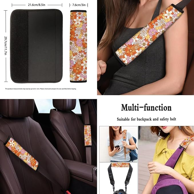 POLERO 70S Car Seat Covers Set for Women Groovy Floral Steering Wheel Cover Retro Hippie Flower Seatbelt Covers Cupholder Coasters with Cute Keychains, 11pcs