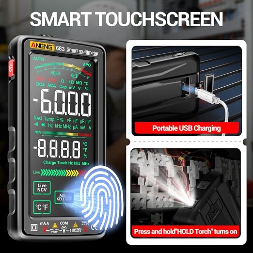 Smart Multimeter, Smart Digital multimeter Tester with Touch Screen 6000 Counts Auto Ranging Rechargeable multimeter A Reverse Display NCV Tester with Flashlight for Electricians,DIY (Black)