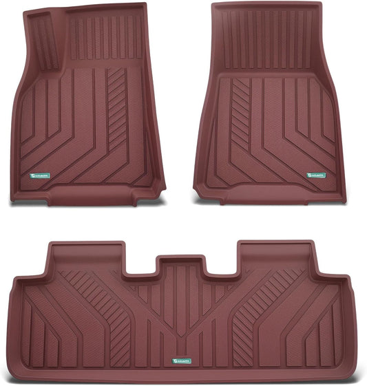 YHTAUTO Custom Fit Light Red Car Floor Mats for Tesla Model Y 2025-2020 (5-Seat) Not for Juniper, 1st & 2nd Row All Weather TPE Car Carpet Liners, Anti-Slip Waterproof, Automatic Mats, Set of 3