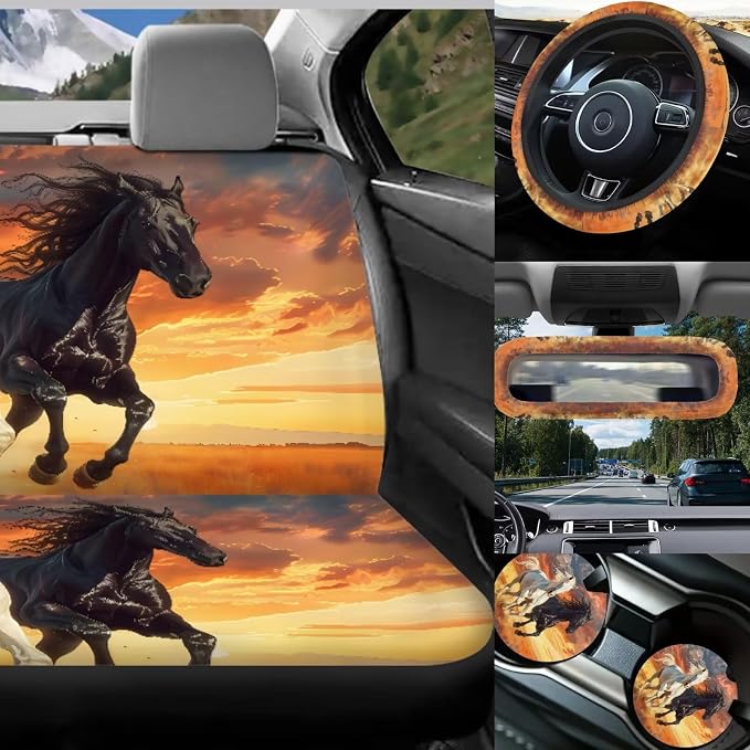 Horse Car Seat Covers Full Set of 17 Pack,Beach Car Aaccessories with Auto Seat Head Rest Protector,Animal Car Trash Can,Center Console Cover,Cup Holder Coasters,Universal Fit Most Car
