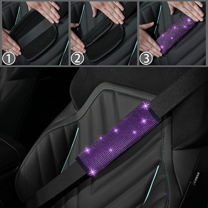 NBTEPEM 12 Pcs Bling Car Accessories Set for Women Car Floor Mats Full Set Steering Wheel Cover Seat Belt Covers Coasters Universal Fit Car SUV Truck Van Purple