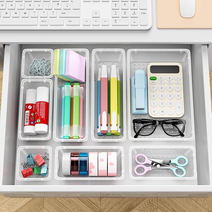 ElegantArray 12 PCS Drawer Organizer Set, 4 Sizes Tool Storage Trays, Clear Plastic Makeup Vanity Organizer and Storage Bins for Makeup, Stationeries, Multiple Gadgets for Bathroom, Office, Bedroom
