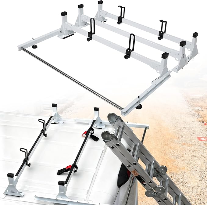 MELIPRON Van Roof Ladder Rack with Rear Roller Fits for 2013-2025 RAM ProMaster, Steel Cargo Van Rack with Anti-Rust Coating, Ideal for Transporting Ladders, Pipes