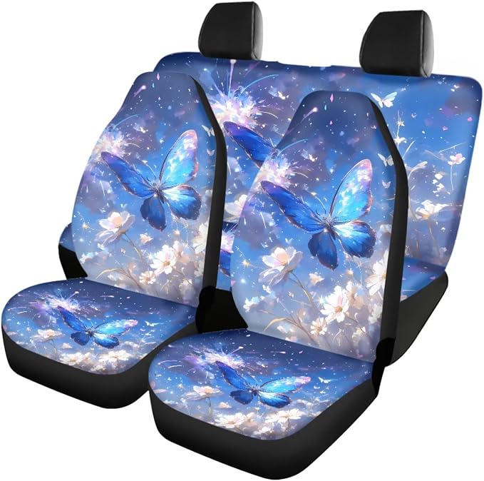 18 Pcs Blue Butterfly Car Interior Accessories Set for Women, Car Seat Covers Full Set with Floor Mats Steering Wheel Cover Armrest Pad Seat Belt Pads Handle Wraps Keychain Cup Coaster