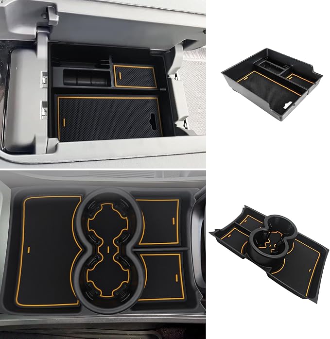BestEvMod for Rivian R1T & R1S Armrest Storage Box and Cup Holder Lower Center Console Organizer Tray 2PCS with PVC Trim Compatible with Rivian R1T/R1S 2022-2024 Accessories (2PCS Yellow)