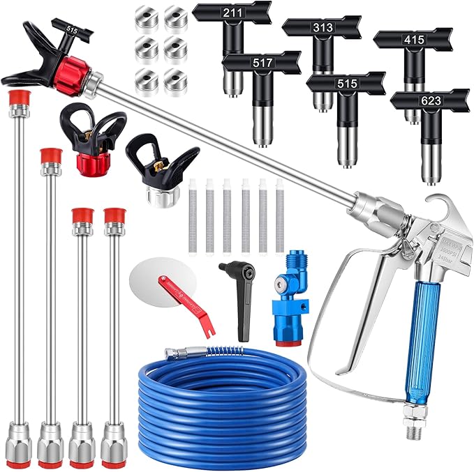 22Pcs Airless Paint Sprayer Gun Kit, 3600PSI Spray Gun with 50Ft x 1/4“ NPT Airless Paint Sprayer Hose & 6Pcs Reversible Spray Tips & Guide Tool & 4Pcs Extension Wand & 6Pcs Filters