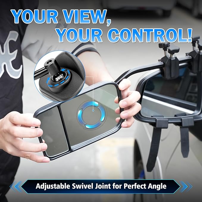 Clip-On Mirror Extenders for Towing, Shatterproof Dual View Convex Tow Mirrors, 360° Adjustable Universal Side Mirror Extensions for Truck, SUV, RV & Trailer, 2-Pack
