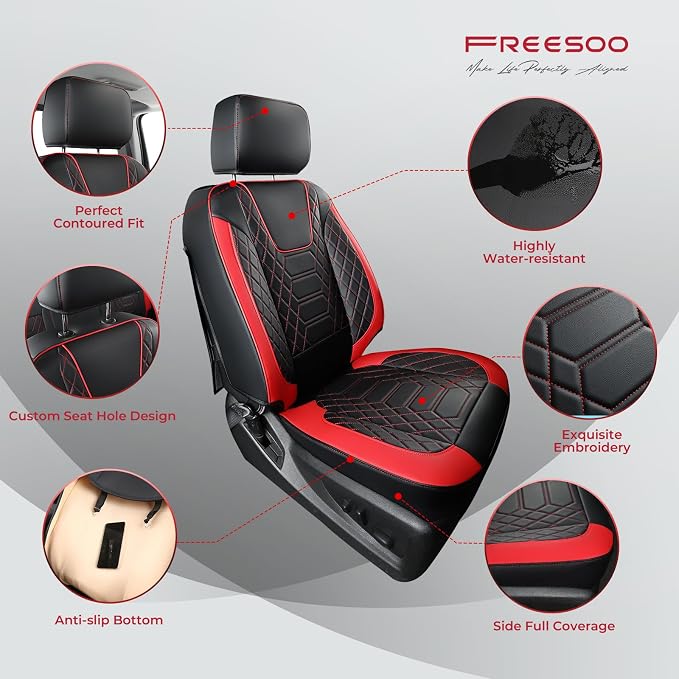 FREESOO for Silverado 2019-2024 2025 2026 Faux Leather Full Set Seat Covers, Fit for Chevy Silverado GMC Sierra 1500 Crew Cab Waterproof Truck Seat Covers BlackRed