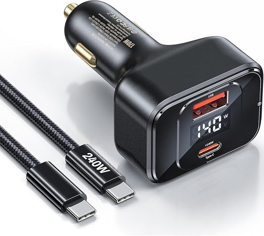 USB C Car Charger Fast Charging 170W, PD3.1 Single Type-C Port Max Output Power 140W Car Charger with Real-Time Display for MacBook, Laptop, iPhone 17/16/15, Samsung S25, Drone and More Black