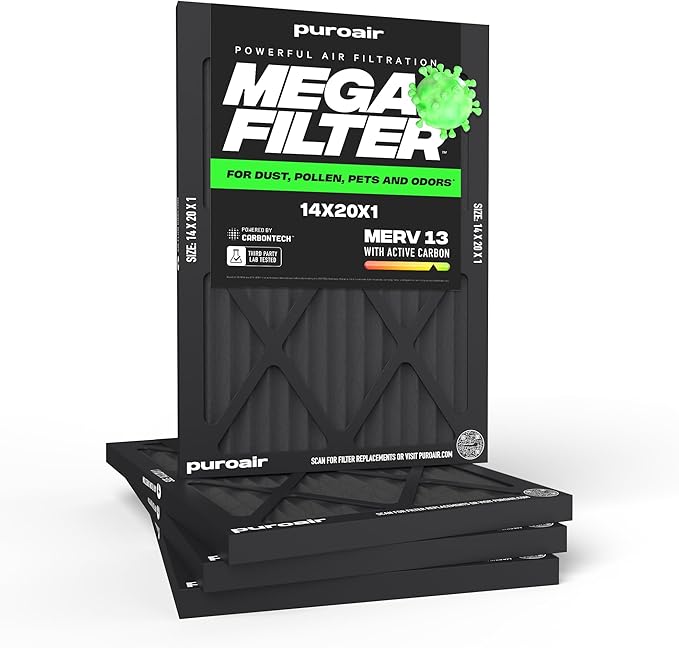 PuroAir MegaFilter - 14x20x1 Air Filter MERV 13 Activated CarbonTech Defense - Heavy Duty 3 Layer Furnace Filters Allergens, Pollen, Dust, Pet Dander, Smoke, Odors - HVAC Air Filter 14x20x1 (4-Pack)