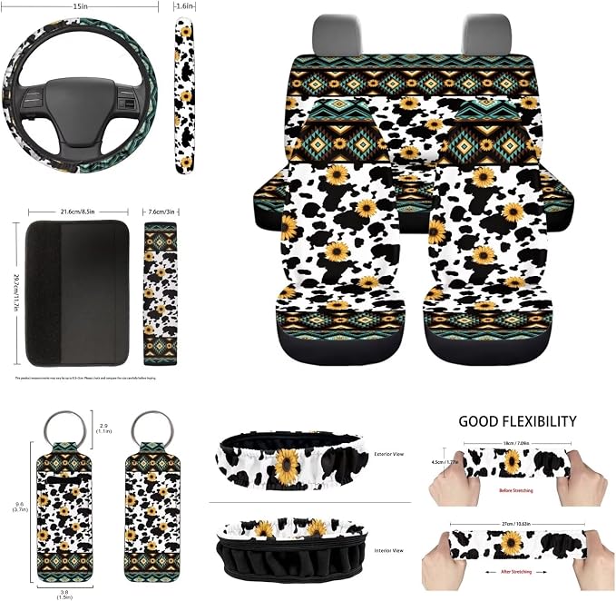 Aztec Cow Sunflower Car Seat Covers Set for Women,Southwestern Tribal Cow Print Car Seat Covers Cowhide Keychain/Steering Wheel Cover/Seatbelt Pads/Coaster/Mirror Cover Full Set of 14