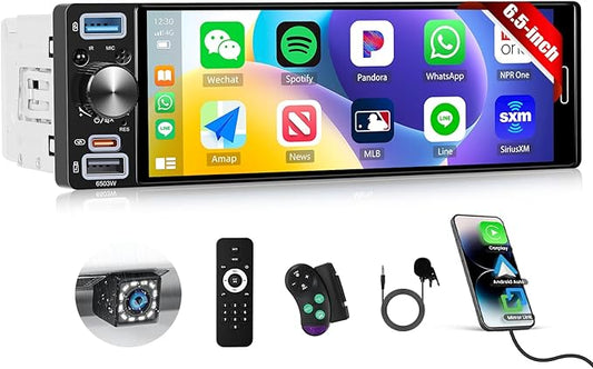 Single Din Touchscreen Car Stereo with Wireless Carplay&Android Auto,6.5 Inch Car Radio MP5 Player with Bluetooth FM Radio EQ Car Audio with USB/Type-C SWC+Backup Camera