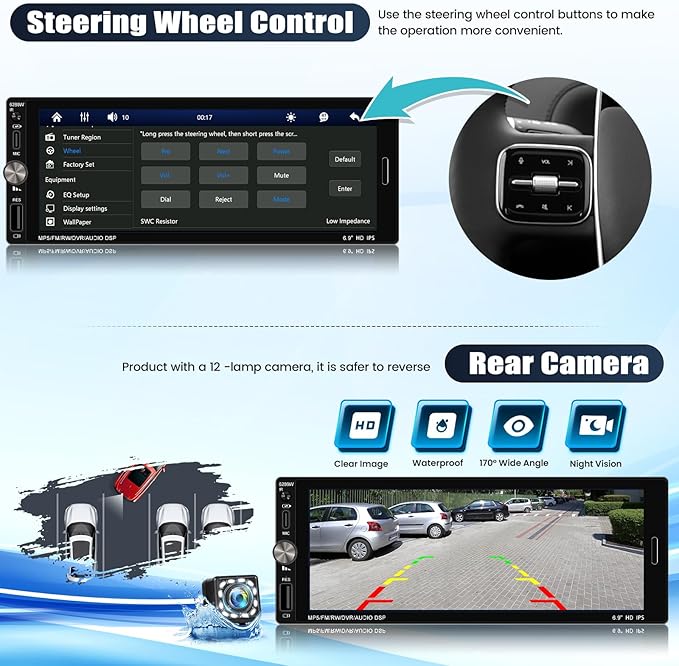 Single Din Touchscreen Car Stereo with Wireless Carplay&Android Auto,6.9 Inch Car Radio MP5 Player with Bluetooth FM Radio EQ Car Audio with USB/Type-C SWC+Backup Camera+Microphone