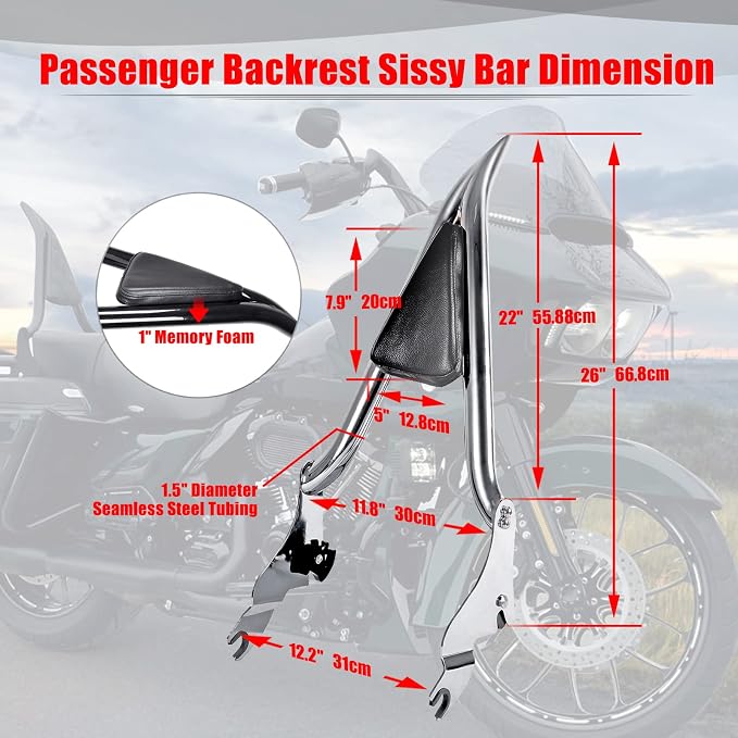 Goldfire Sissy Bar Detachable Rear Passenger Backrest 26" Passenger Back Rest Black for Harley Touring Models Road King Street Glide Electra Glide 2009-2024