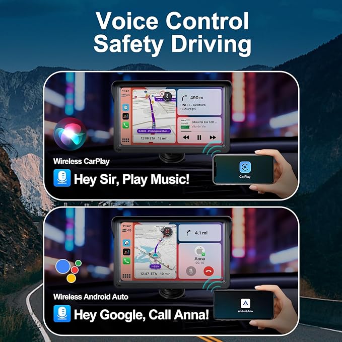 7" Wireless Carplay Screen for Car, for Apple CarPlay & Android Auto, Touch Screen Wireless Car Play Mirror Link with Backup Camera, GPS, Voice Control Carplay Car Stereo