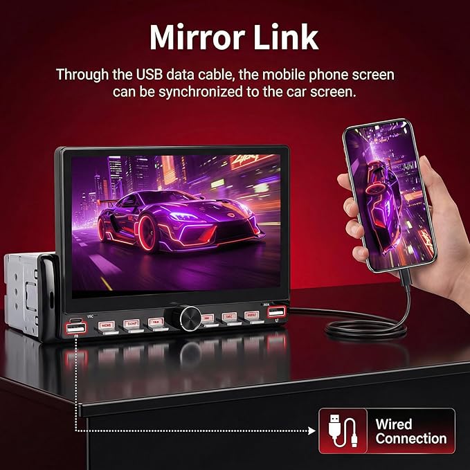 Single Din Car Radio with Bluetooth iOS/Android Mirror Link Share Same Video, 7" IPS Touch Screen Car Radio 1 Din with Piano Keys Support Backup Camera Mirror Link Bluetooth FM USB EQ SWC
