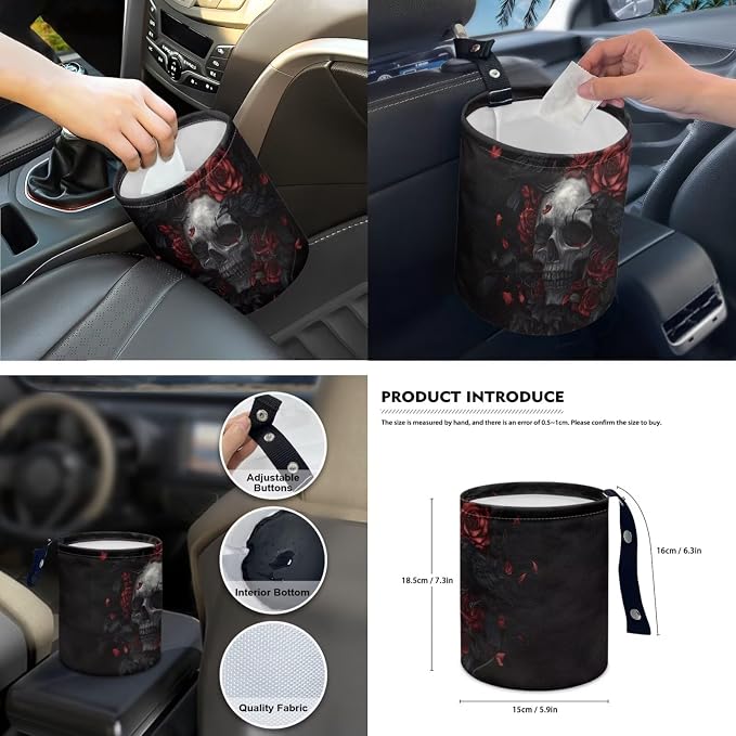 15 Pcs Red Rose Skull Car Seat Covers Full Set for Women Goth Car Accessories Interior Car Steering Wheel Cover Seatbelt Covers Trash Bin Rear View Mirror Cover Cup Holders Keychain