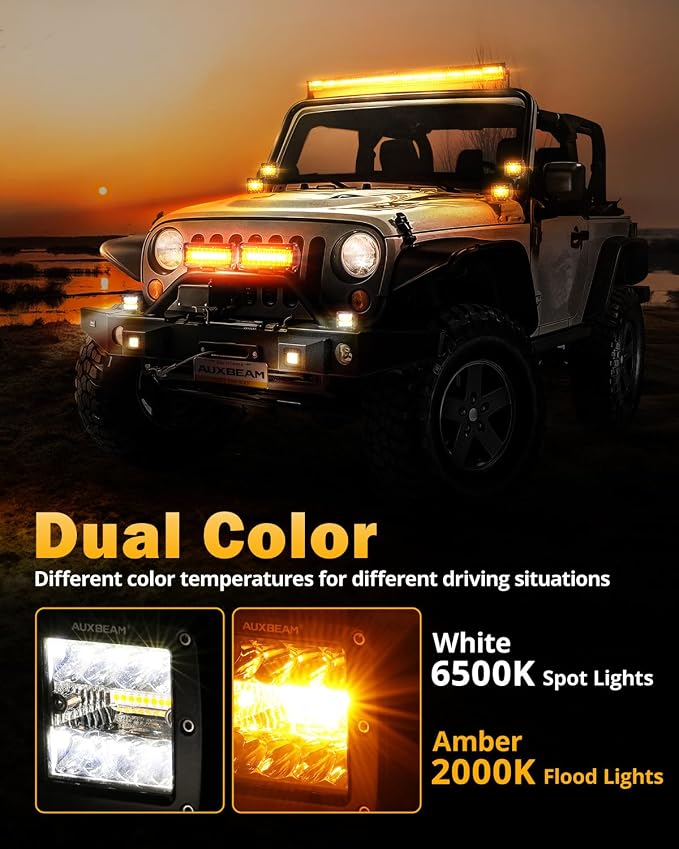Auxbeam 6 Modes Amber White Series 3-Inch LED Cubes 72W Offroad Pod Lights | Flashing strobe function, Spot flood combo, Dual color light bar, Memory reset, A-pillar ditch lights, Bumper fog lights