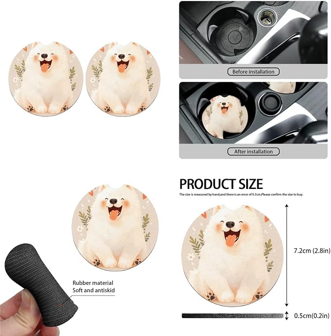 Cartoon Dog Car Seat Covers Set of 13, Lovely Samoyed Dog Steering Wheel Cover Watercolor Samoyed Armrest Cover Seatbelt Covers Cup Mats, Easy to Install Car Seat Cover Set