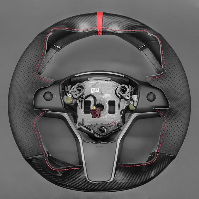 MEWANT Hand Stitch Shiny PU Carbon Fiber Real Leather Steering Wheel Cover for Tesla Model Y 2020-2023 Model 3 2017-2023