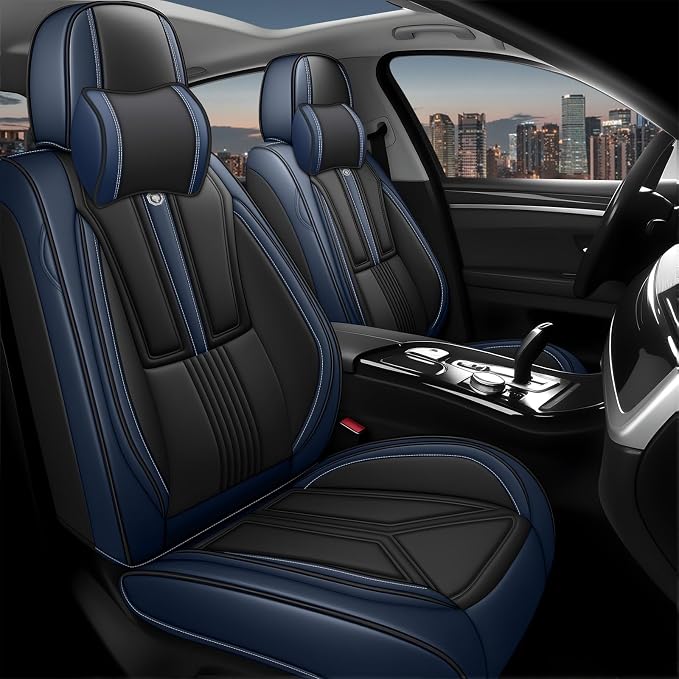 Arazi Fit for 90% of Mercedes-Benz Seat Covers, 360° Full Wrap Original Seat Cover, Waterproof Nappa Leather Seat Covers with Big Space Storage Pocket Seat Protector（2 Seats Luxury, Black&Blue）