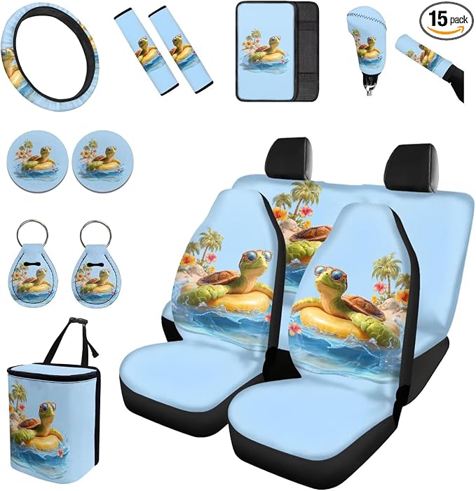 Forchrinse 15Pack Car Accessories Set Hawaiian Sea Turtle Car Seat Cover Full Set+Steering Wheel Cover+Car Trash Can+Seatbelt Cover+Coaster+Keychain
