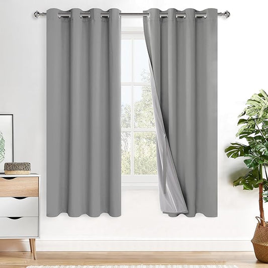 XWZO Full Shading Blackout Curtains 72 Inches Length - Heat and Light Blocking Ring Top Window Drapes with Black Liner Backing for Bedroom Sewn with Tiebacks, Light Grey, W52 x L72, Set of 2