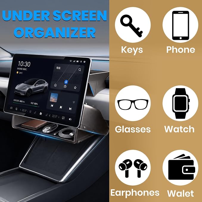 Upgrade Under Screen Storage Organizer Set for Tesla Model Y Juniper 2025-2026 Model 3 Highland 2021-2022 Center Console Organizer Upper & Lower Console