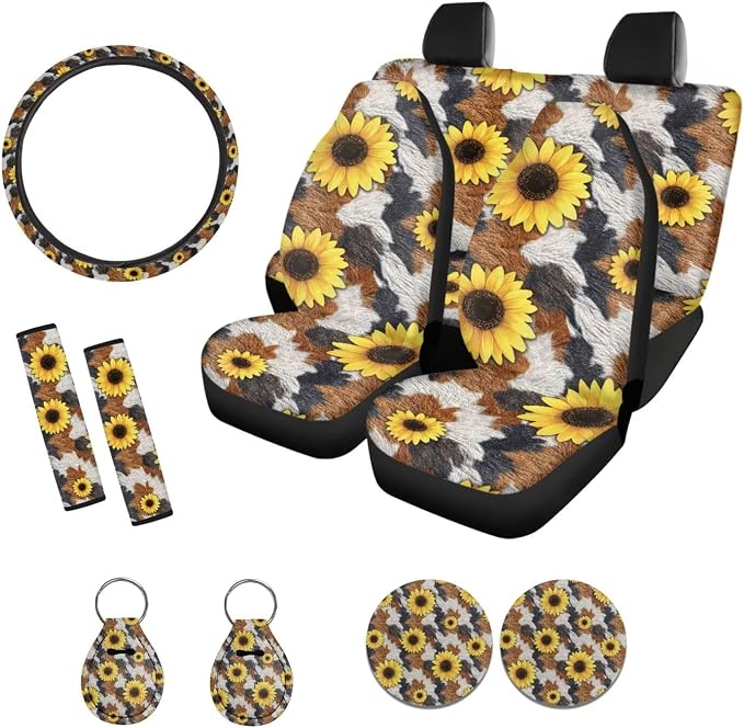 Suobstales Sunflower Cow Print Car Seat Covers Full Set for Women Men Seat Cover Protector Auto Decorative with Steering Wheel Cover + Seat Belt Covers + Coasters + Keychains