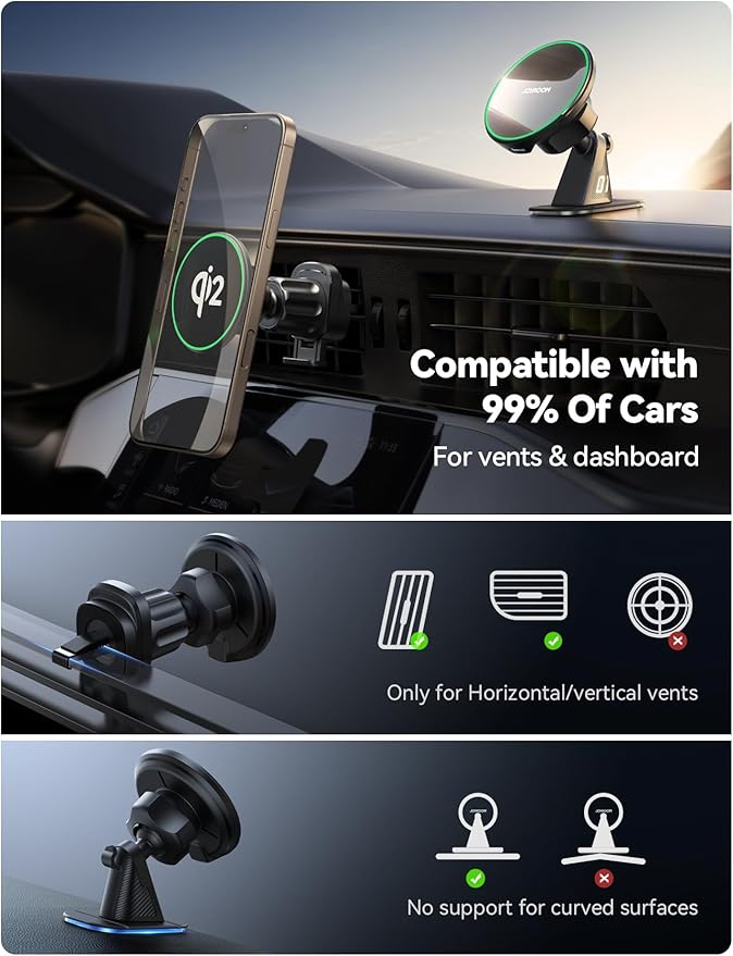 JOYROOM for Qi2 MagSafe Car Mount Charger, Qi2-Certified MagSafe Car Charger for Air Vent/Dashboard, Magnetic Wireless Car Holder Fit for iPhone 16 Pro Max Plus 15 14 13 12