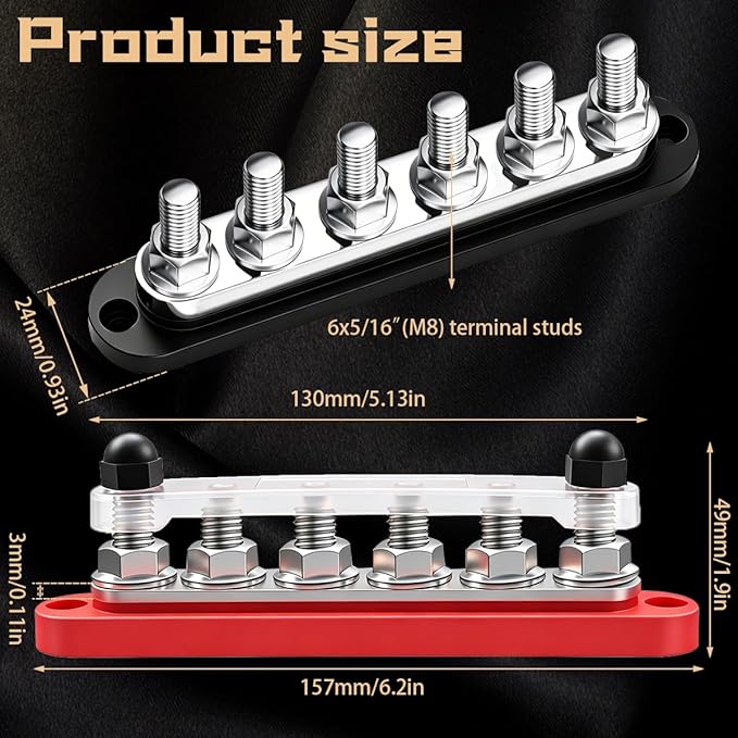 350A 12V-48V Bus Bar Marine Power Distribution Block with Cover with 6 x 3/8”Post,Battery Bus Bar (Pair,Red & Black),Automotive Busbars 12 Volt for Car Boat Solar Wiring