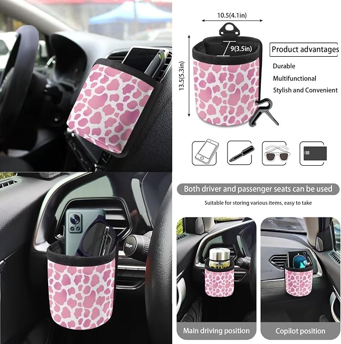 Cow Print Car Seat Covers Full Set with Steering Wheel Cover for Women Universal Auto Interior Accessories for Truck Sedan SUV Decorative Safety Belt Pads Cup Cushions, Pink