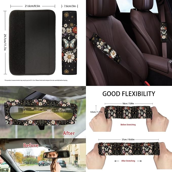 Suobstales Butterfly Daisy Moon Print Car Accessories Auto Seat Covers Full Set of 13 with Steering Wheel Cover, Seat Belt Pads, Trash Can, Coaster, Rearview Mirror Cover, Keychains for SUV Van