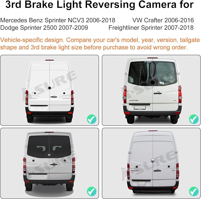 ASURE 3rd Third Brake Light Backup Camera for Mercedes Sprinter NCV3 2006-2018 - 1080P HD Rear View Camera, 170° Wide Angle Night Vision IP67 for VW Crafter Dodge Freightliner Sprinter