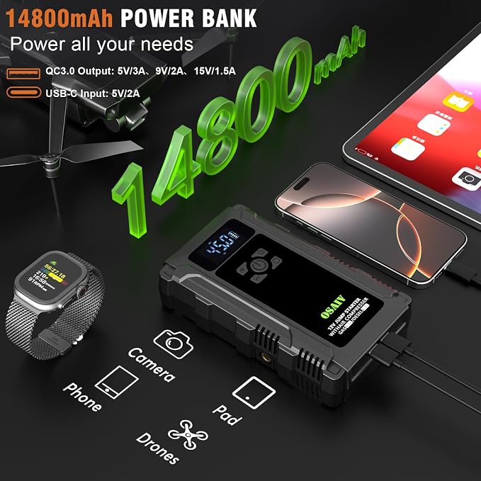 Jump Starter with Air Compressor, 3000A Car Battery Jump Box for 8.5 Gas/6.5L Diesel Vehicles, 150PSI Tire Inflator Auto-Shutoff, 10 Safety Modes, 3-Mode Emergency Light