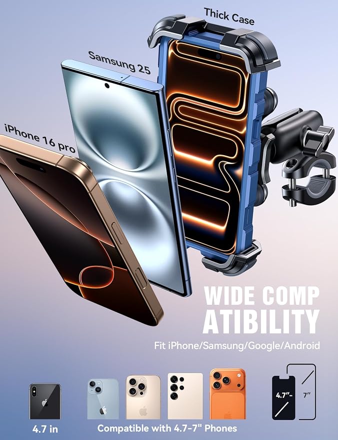 JOYROOM Motorcycle Phone Mount Holder - [Dual Vibration Dampener]100mph Anti-Shock Phone Holder for Motorcycle [Metal Extension Handlebar Clamp] Bicycle Bike Phone Holder Mount for 4.7-7" Cell Phones