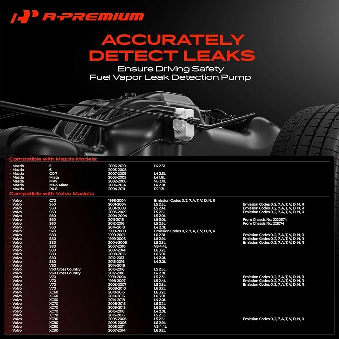 A-Premium Fuel Vapor Leak Detection Pump Compatible with Mazda 6 2003-2008, 5 2006-2010, MX-5 Miata 2006-2014, CX-7 2007-2009, RX-8, Miata, MPV & Volvo XC60, XC90, S60, XC70, S80, C70, V60, S70, V70