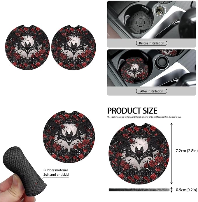 Bat Rose Floral Print 13 Pack Car Accessories for Womens Halloween Bats Pattern Seatbelt Pad Armrest Cushion Keychain Cup Holder Coaster Pads Decor Accessory