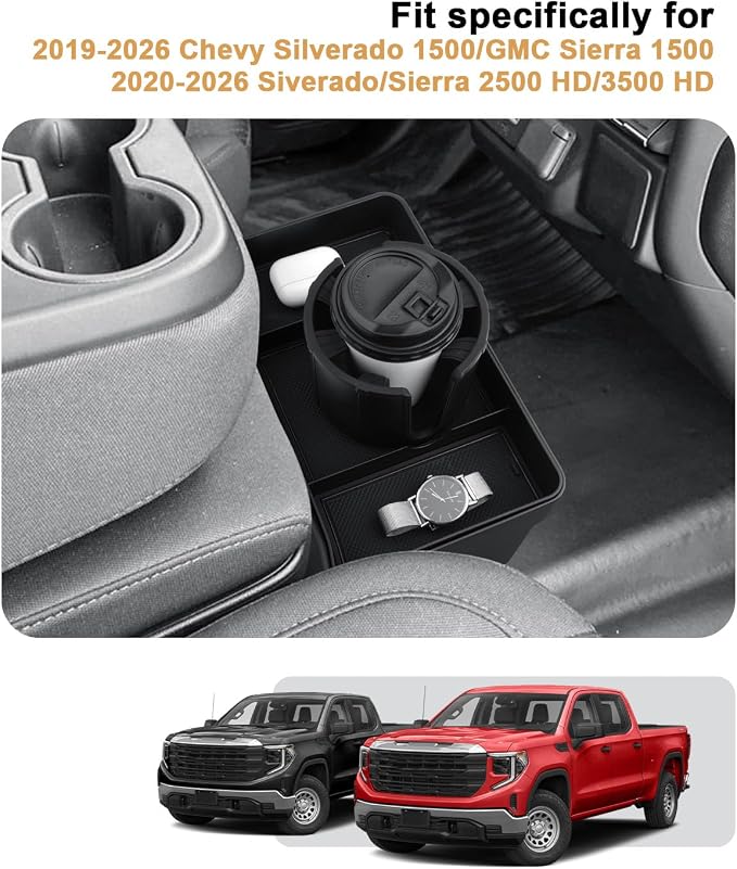 Center Console Tray For 2019-2026 Chevy Silverado/GMC Sierra 1500 & 2020-2026 Silverado/Sierra 2500 HD/3500 HD - Double Layer Storage Tray With Removable Cup Holder - Only Fit Split-Bench Front Seat