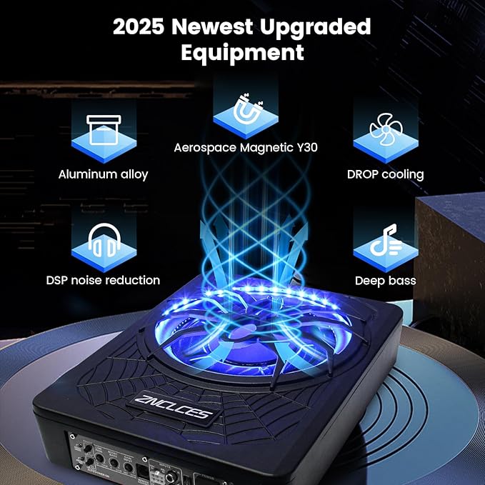 Znclces 2025 Upgraded 10" 1200W Slim Under Seat Powered Car Subwoofer, Car/Truck Sub Built in Amplifier for Outstanding Heat Dissipation, Powerful bass and Blue LED (Blue Light)