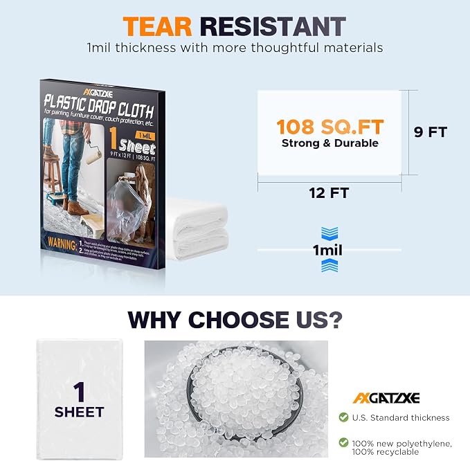12 x 9 Ft Plastic Drop Cloths-1 Mil(1-Pack - Disposable Painter's Sheeting & Tarps for Painting, Waterproof Furniture/Couch/Floor Protection