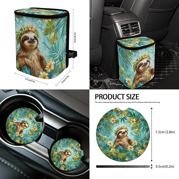 Suobstales Sloth Flower Palm Leaf Print Car Accessories Auto Seat Covers Full Set of 13 with Steering Wheel Cover, Seat Belt Pads, Trash Can, Coaster, Rearview Mirror Cover, Keychains for SUV Van