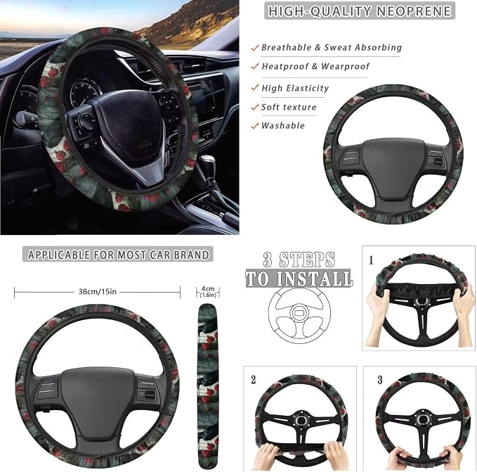 Raven Rose Print 10 Pieces Car Seat Covers Full Sets Waterproof Steering Wheel Cover Auto Trash Bin with Car Air Vent Storage Cup Holders Keychain Universal Fit for SUV