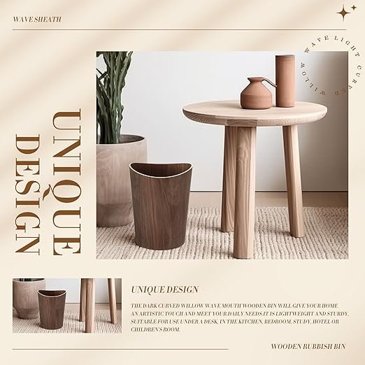 Threehoney 2 Pack 2.3 Gallons Wood Trash Can Wastebasket Natural Wood Round Wastebasket Small Trash Bin for Home, Office Under Desk, Kitchen, Bedroom, Den, Hotel, Room (Dark Wood,Wavy)